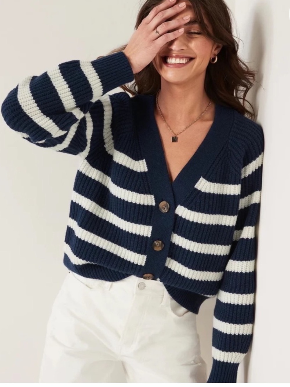Old Navy Navy and White Striped V‑Neck Button Cardigan